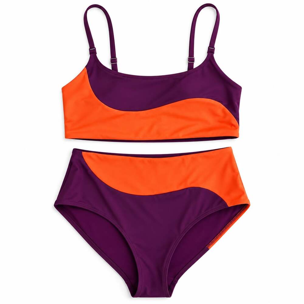 Athleta Colorblock Bikini Set Size M Purple Orange High Waist Two Piece Swimsuit